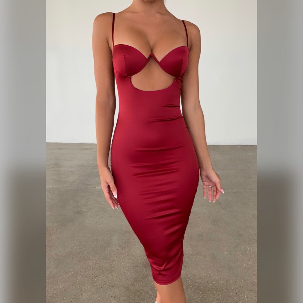 Red Satin Cut Out Midi Dress